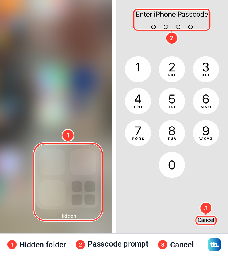 The Hidden folder at the bottom of iPhone App Library next to the Enter iPhone Passcode keypad it opens.