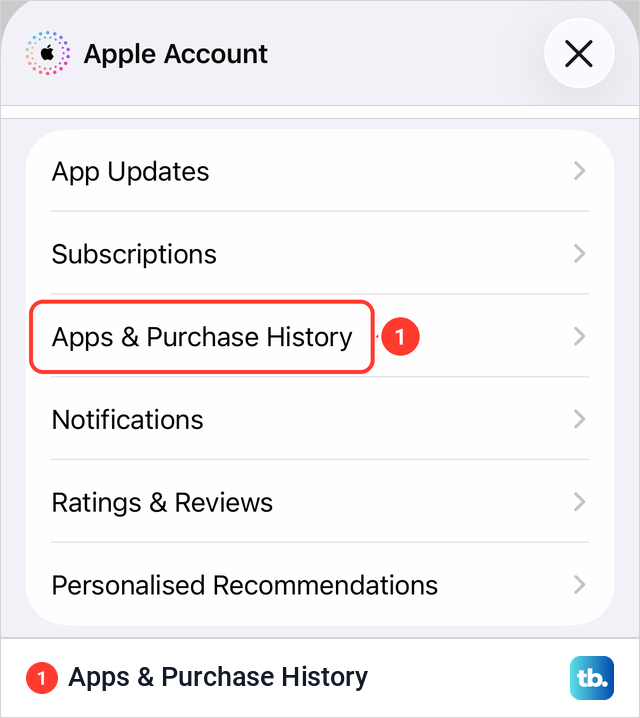 The App Store Apple Account sheet on an iPhone with the Apps and Purchase History row marked.