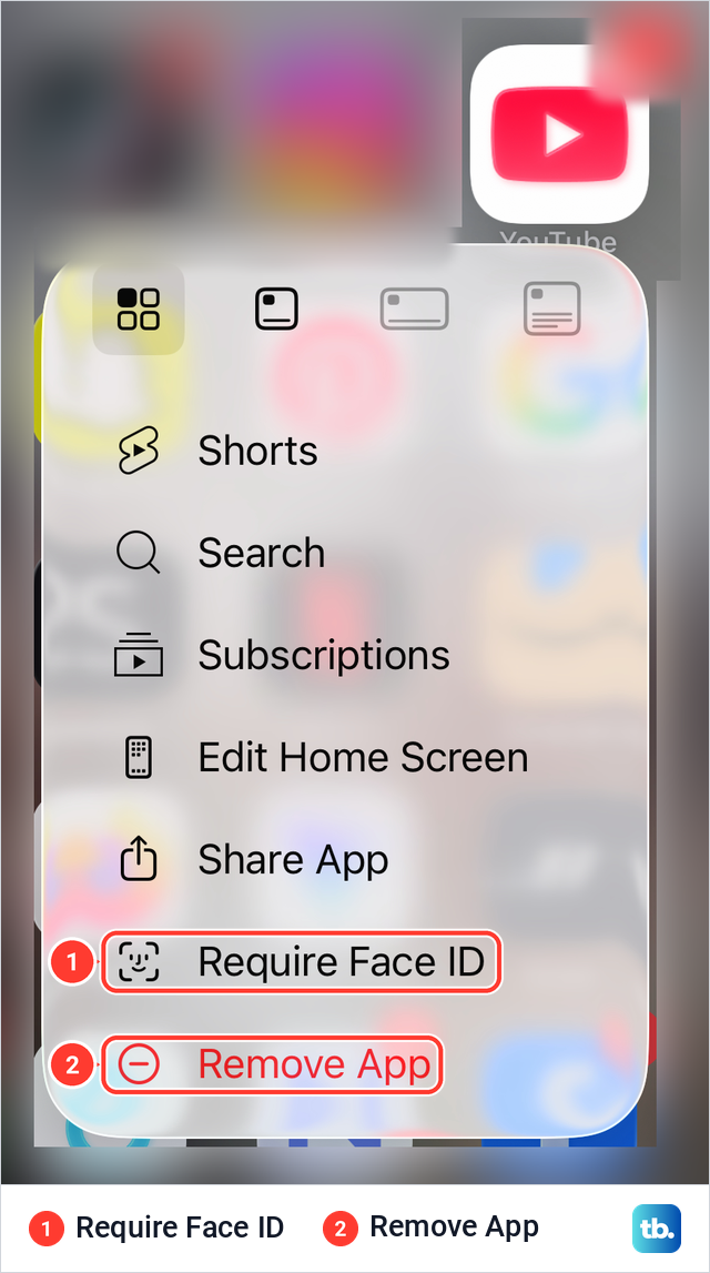 The touch and hold menu of YouTube on an iPhone with Require Face ID and Remove App near the bottom.