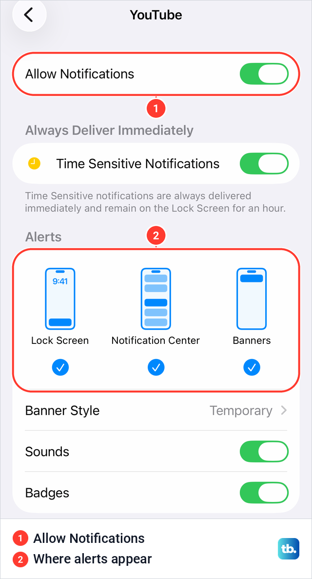 Notification settings for YouTube on an iPhone with Allow Notifications and the Lock Screen, Notification Center and Banners alerts.