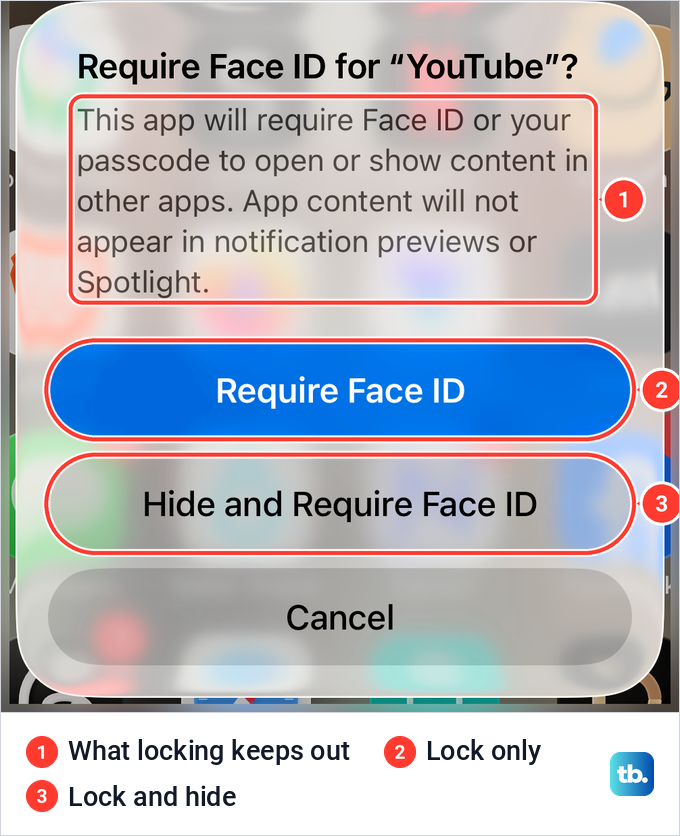 The iPhone sheet asking Require Face ID for YouTube, with Require Face ID, Hide and Require Face ID and Cancel buttons.
