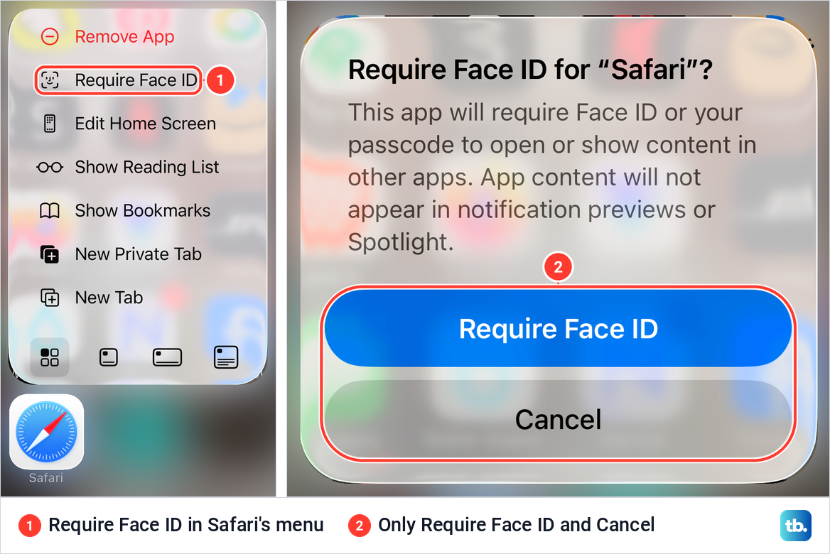 Safari's touch and hold menu with Require Face ID, and its sheet with only Require Face ID and Cancel.