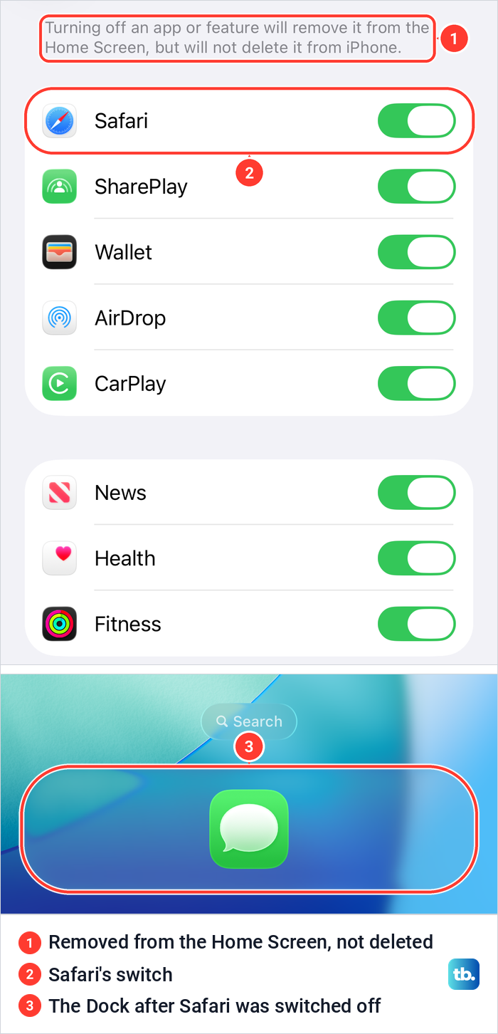 Screen Time Allowed Apps and Features on iOS 26.5 with the Safari switch, above the Dock after Safari was switched off.