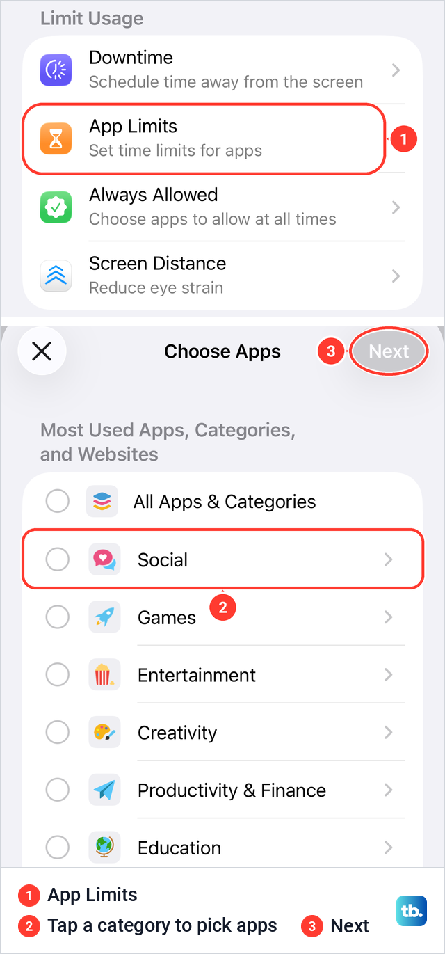 Screen Time Limit Usage with App Limits on iOS 26.5, above the Choose Apps list of app categories.