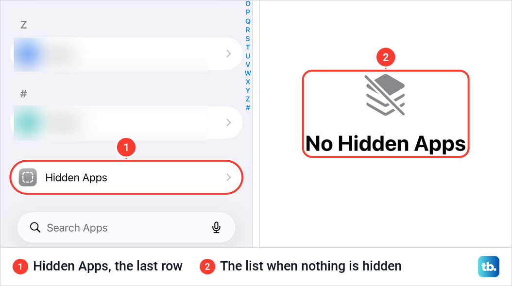 Settings Apps on an iPhone with Hidden Apps as the last row, and the No Hidden Apps page it opens.