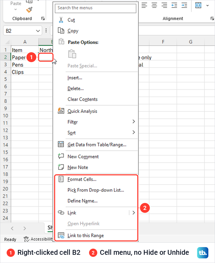 Excel right-click menu for cell B2 showing no Hide or Unhide command.
