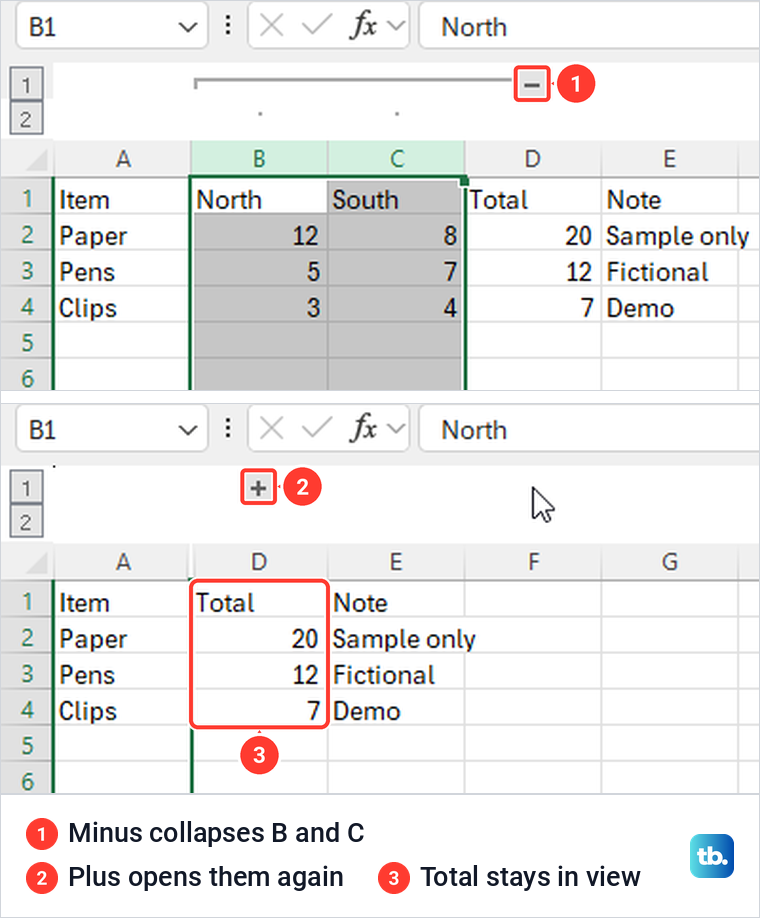 Excel grouped columns B and C with a minus button, then collapsed behind a plus button.