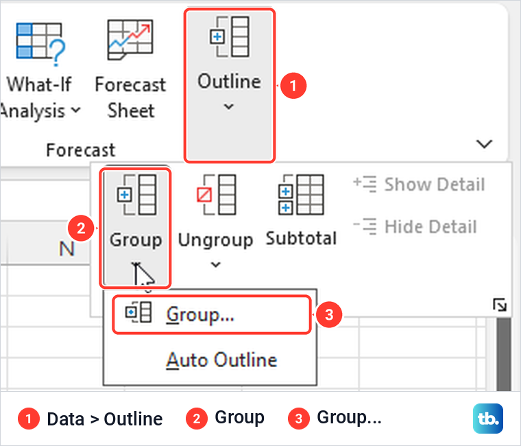 Excel Data tab Outline menu open with the Group button and its Group list.