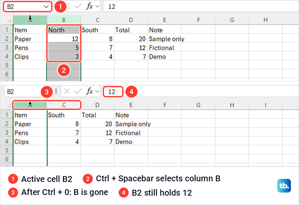 Excel column B selected with Ctrl and Spacebar, then hidden with Ctrl and 0.