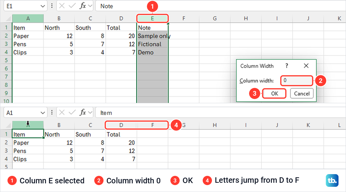 Excel Column Width dialog set to 0 for column E, and the sheet with E hidden.