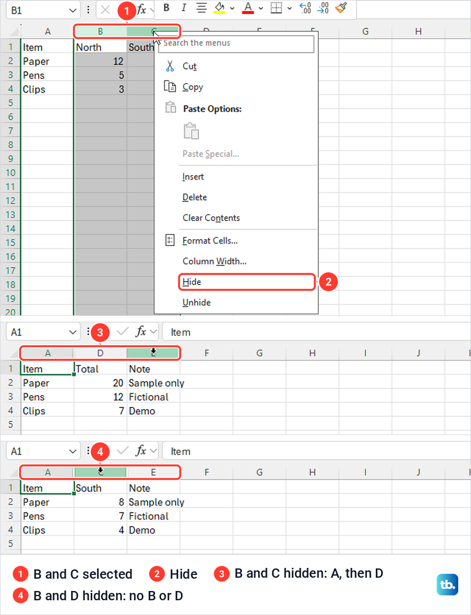 Excel columns B and C selected with the Hide command, then two sheets with columns hidden.