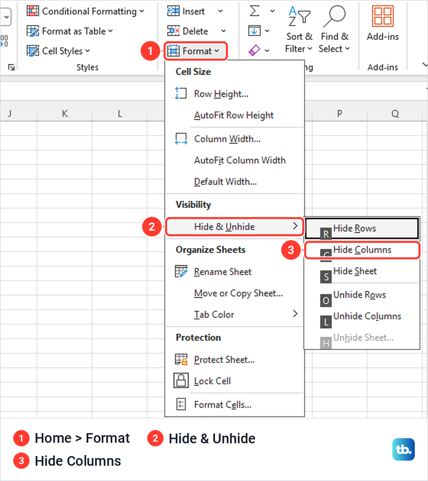 Excel Home tab Format menu open at Hide and Unhide with Hide Columns highlighted.