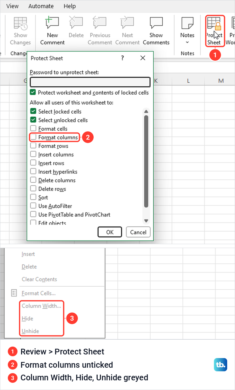 Excel Protect Sheet dialog with Format columns unticked, and Hide greyed out in the column menu.