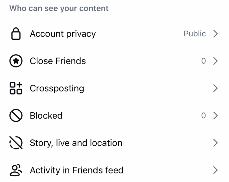 Instagram Settings and activity with Account privacy, Close Friends, Crossposting and Blocked