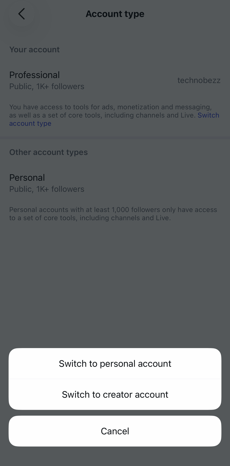 Instagram Account type screen with Switch to personal account and Switch to creator account
