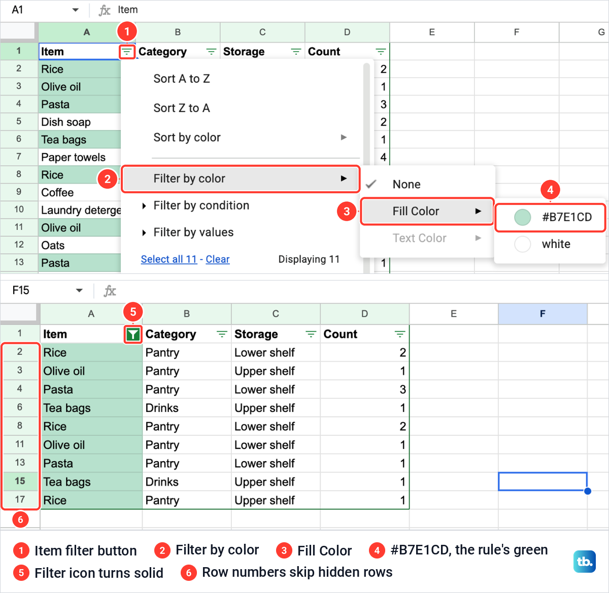 A Google Sheets filter menu set to filter by the duplicate rule's green fill, above the list cut down to nine rows.