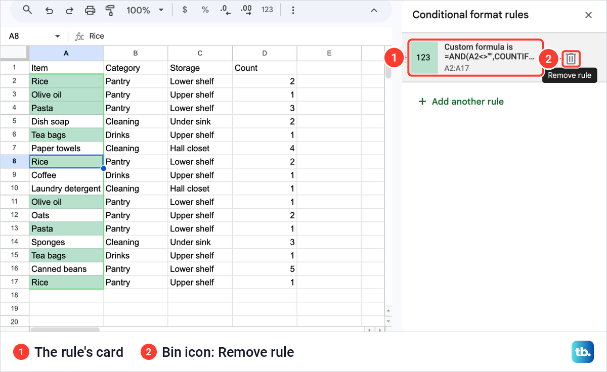 The bin icon on a conditional formatting rule card in Google Sheets with its Remove rule tooltip.