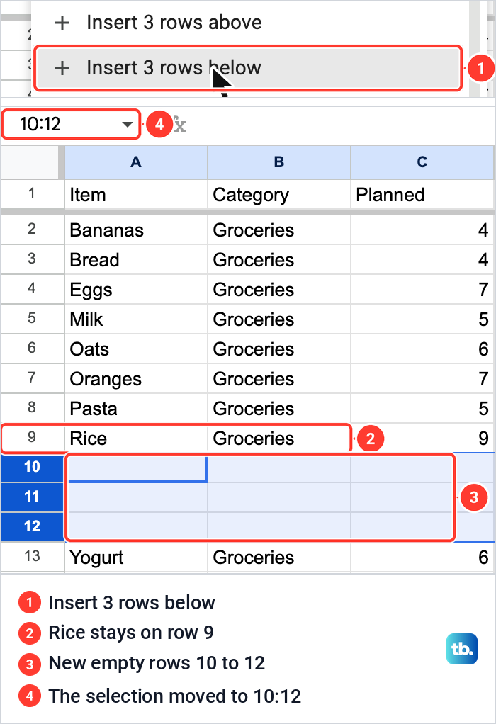 The Insert 3 rows below command in Google Sheets, then three empty rows added after Rice at rows 10 to 12.