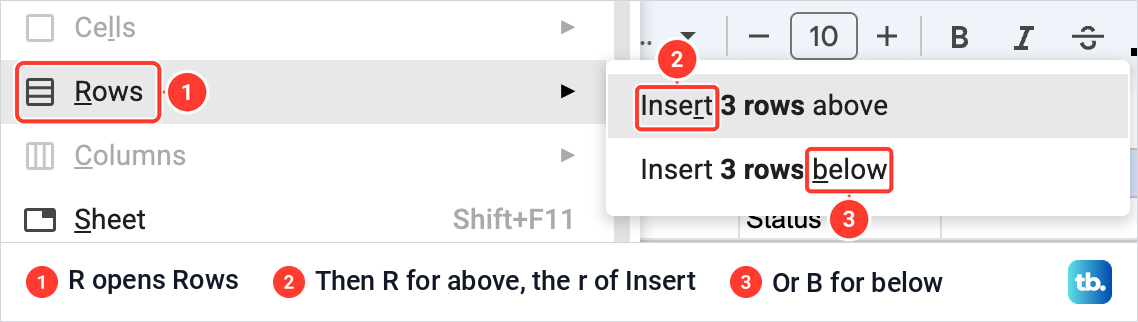 The Google Sheets Insert menu opened from the keyboard, with the letters R, r and b underlined in the Rows entries.