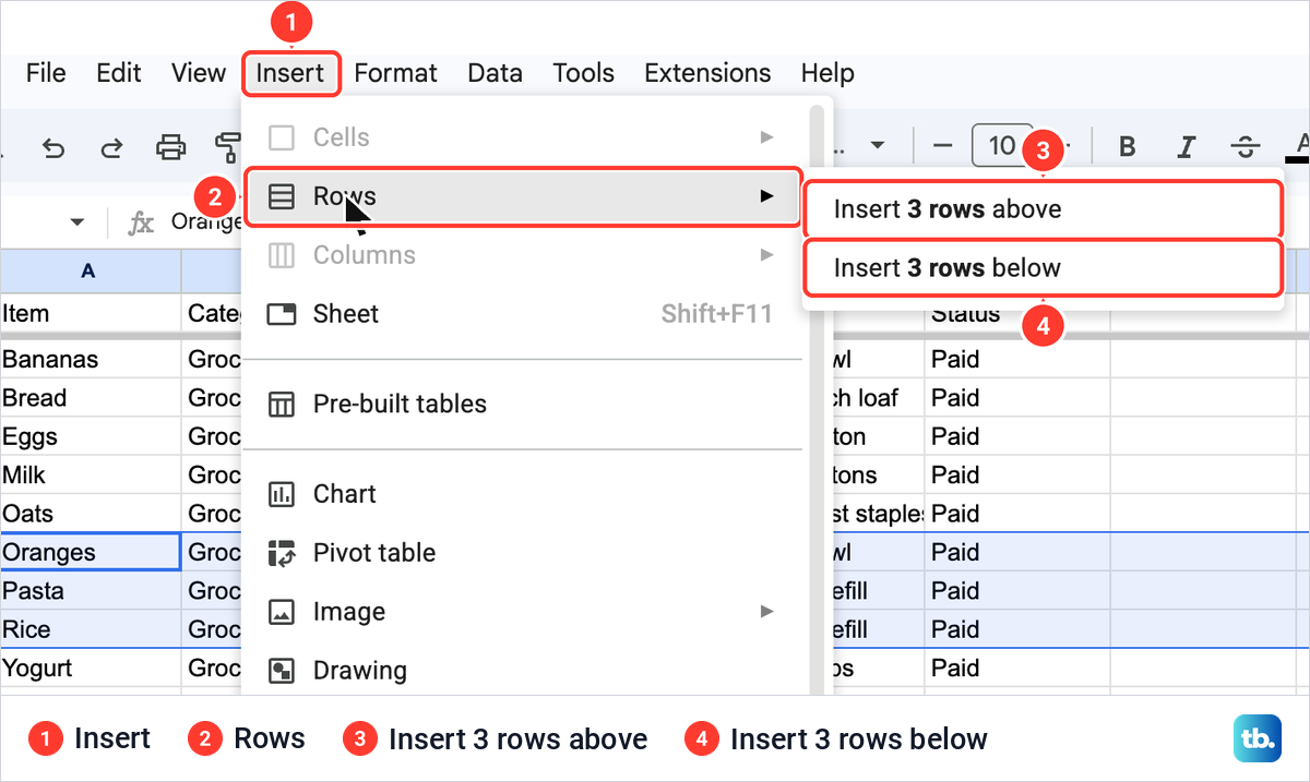 The Google Sheets Insert menu open at Rows, with a submenu offering Insert 3 rows above and Insert 3 rows below.