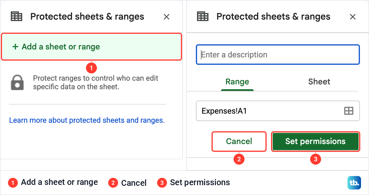 The Google Sheets Protected sheets and ranges panel, then its form with Range and Sheet tabs, Cancel and Set permissions.