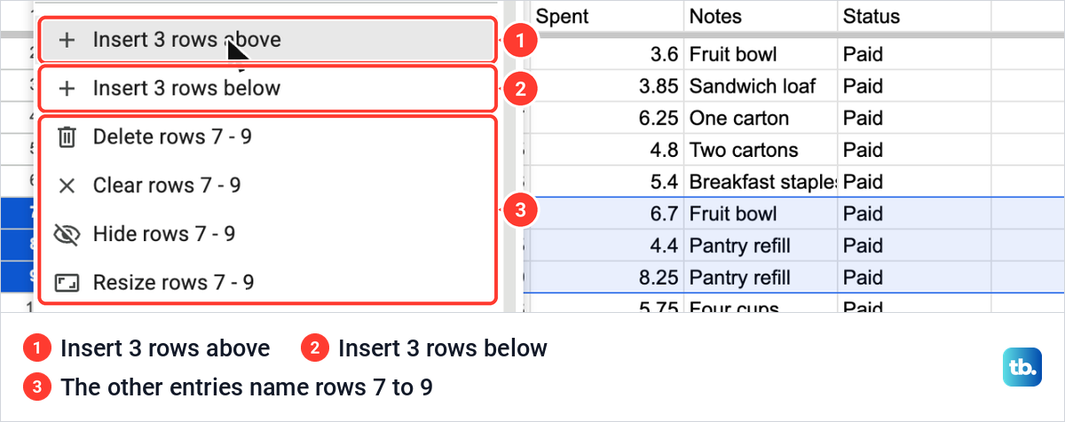 The Google Sheets right-click menu on selected row numbers, offering Insert 3 rows above and Insert 3 rows below.