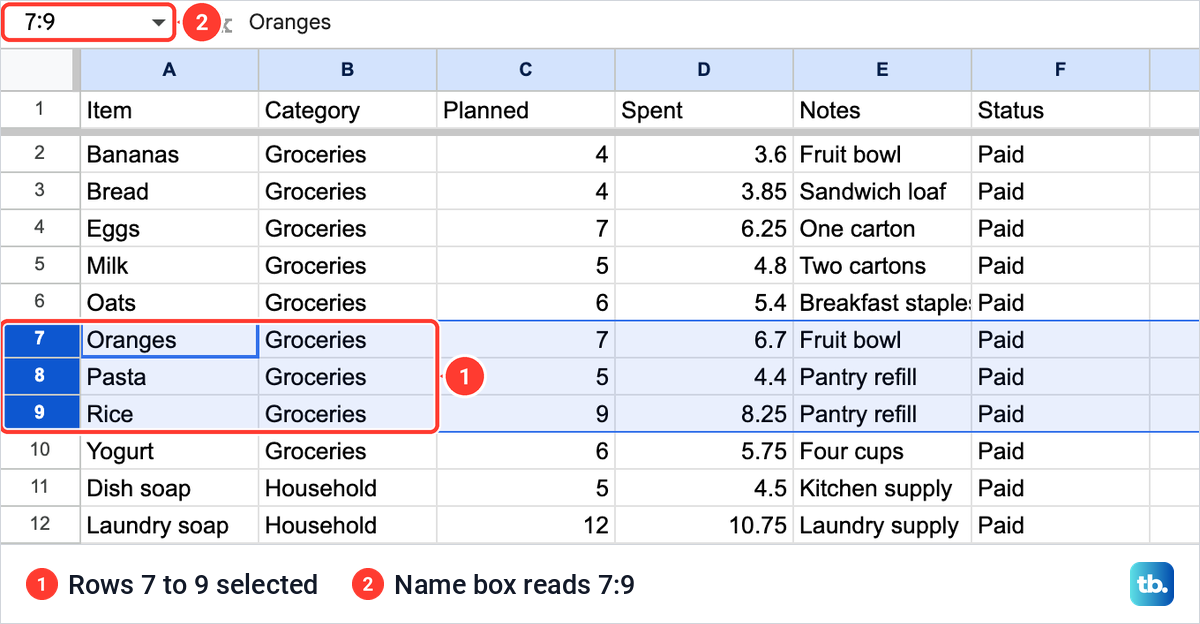 Google Sheets with row numbers 7, 8 and 9 selected in an expenses table and the Name box reading 7:9.