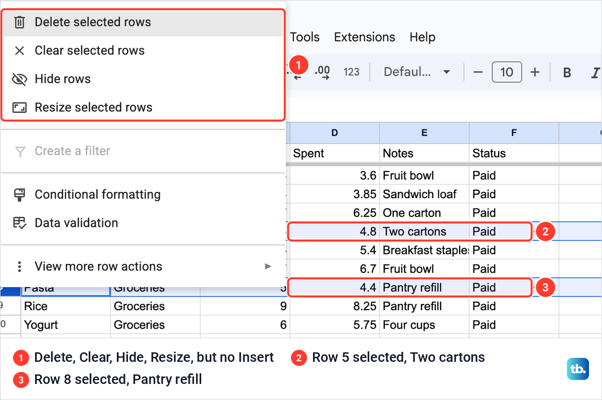 Google Sheets right-click menu for two separate selected rows, listing Delete, Clear, Hide and Resize but no Insert.
