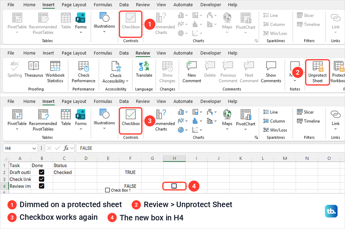 Excel Insert tab with Checkbox greyed out on a protected sheet, then Unprotect Sheet and a new checkbox.