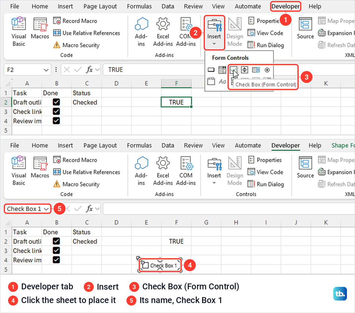 Excel Developer tab Insert gallery with the Check Box Form Control, then a floating Check Box 1 on the sheet.