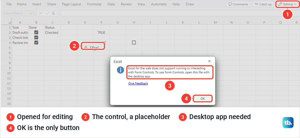 Excel for the web message saying it does not support running or interacting with Form Controls.