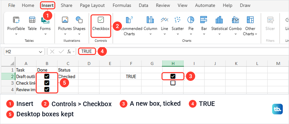 Excel for the web Insert tab with the Checkbox button, and a new ticked checkbox in cell H2.