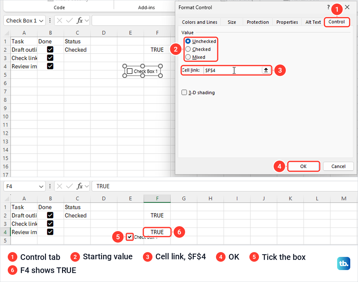 Excel Format Control dialog with a cell link of $F$4, then the ticked check box writing TRUE in F4.