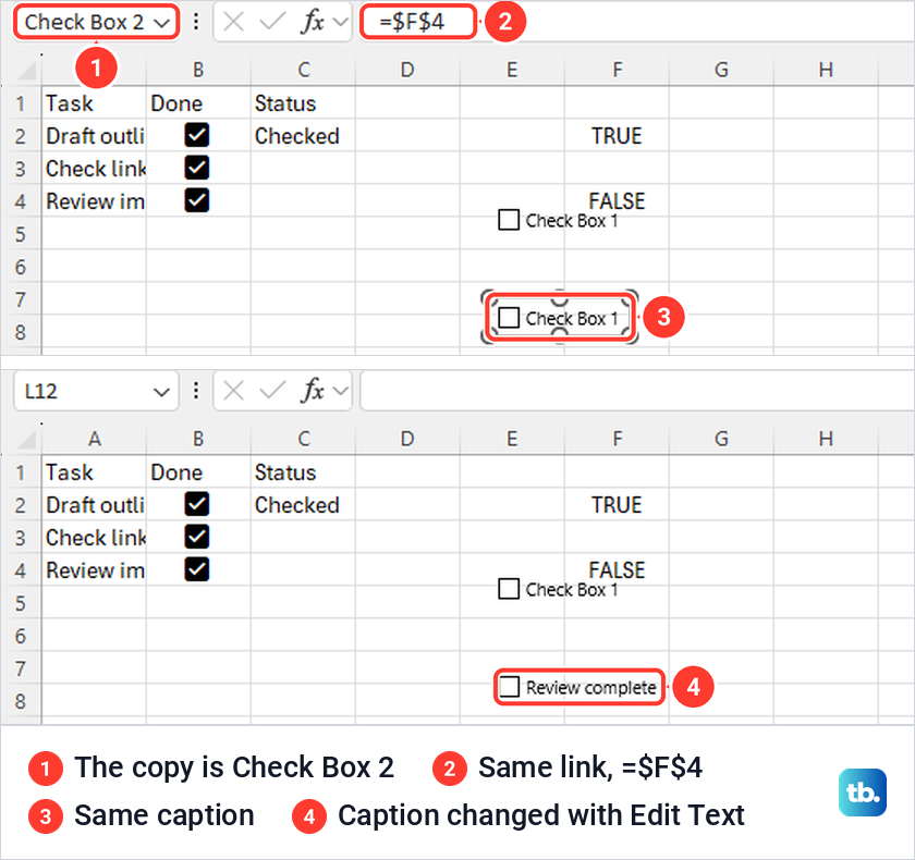 A pasted Excel Form Control named Check Box 2 still linked to $F$4, then renamed Review complete.