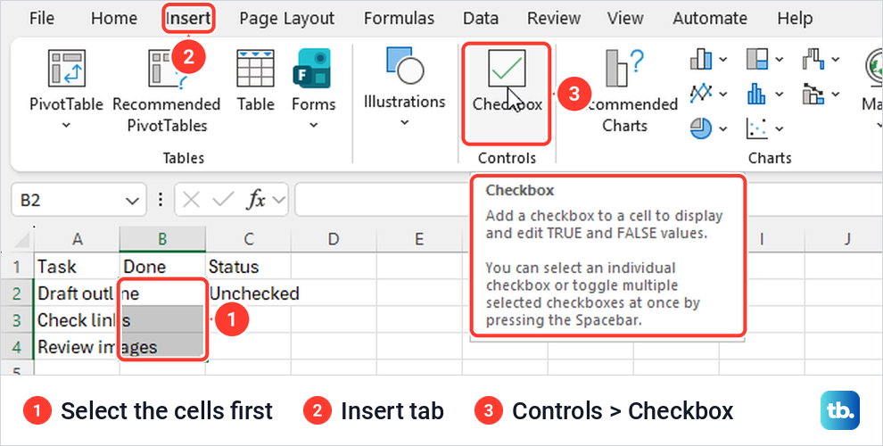 Excel Insert tab with the Checkbox button in the Controls group and cells B2 to B4 selected.