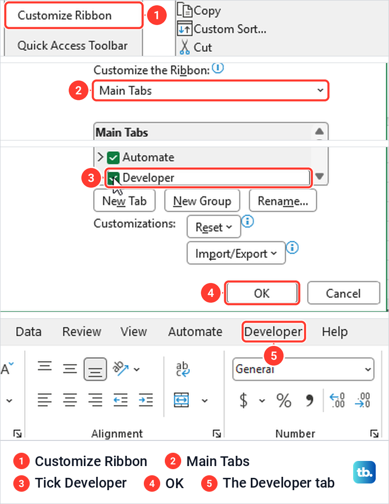 Excel Options Customize Ribbon page with the Developer tab ticked, then the Developer tab on the ribbon.
