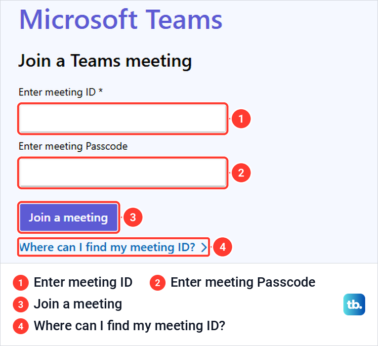Microsoft Join a Teams meeting page with empty meeting ID and passcode boxes and the Join a meeting button.