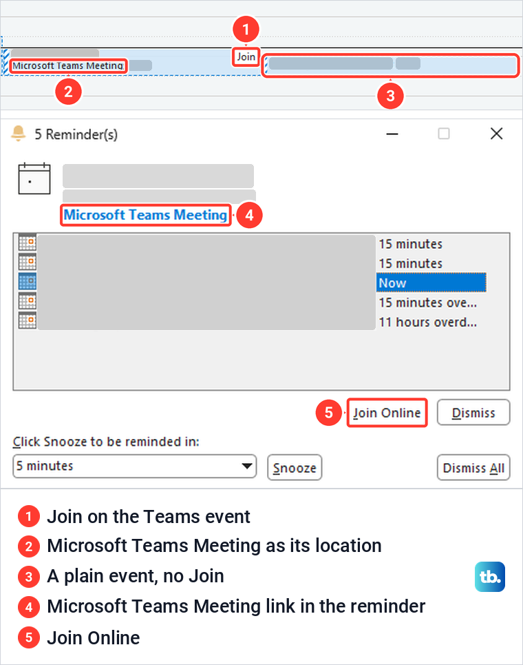 Classic Outlook calendar with a Join button on a Teams event, and the reminder window with Join Online.