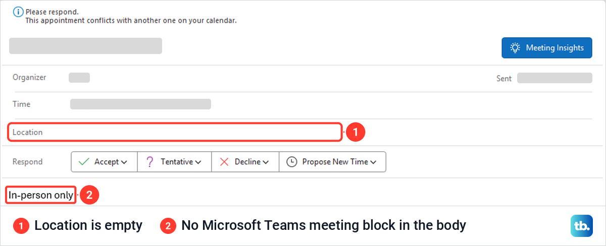 Classic Outlook plain meeting with an empty Location and no Microsoft Teams meeting block in the body.