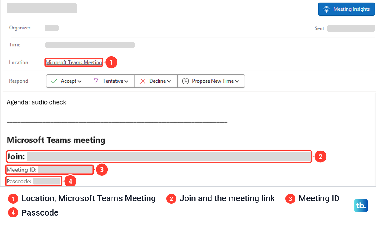 Outlook Teams meeting invitation showing the Microsoft Teams Meeting location, the Join link, Meeting ID and Passcode.