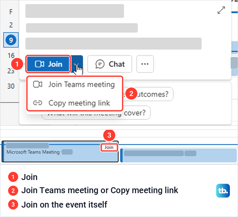 Outlook on the web event details with Join, its arrow menu and a Join button on the calendar event.