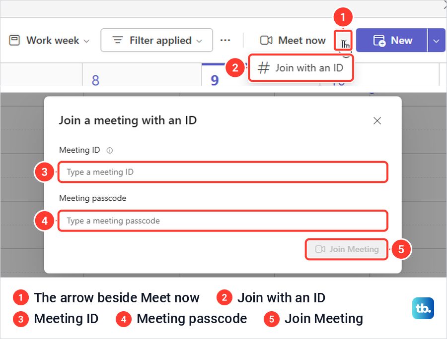 Teams Calendar Meet now arrow menu with Join with an ID, and the Join a meeting with an ID box.