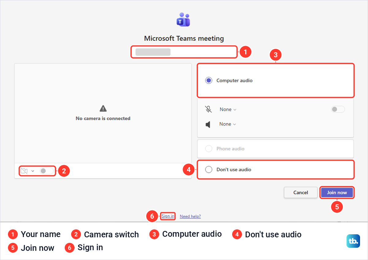 Teams desktop app guest join screen with a name box, camera switch, audio choices and Join now.