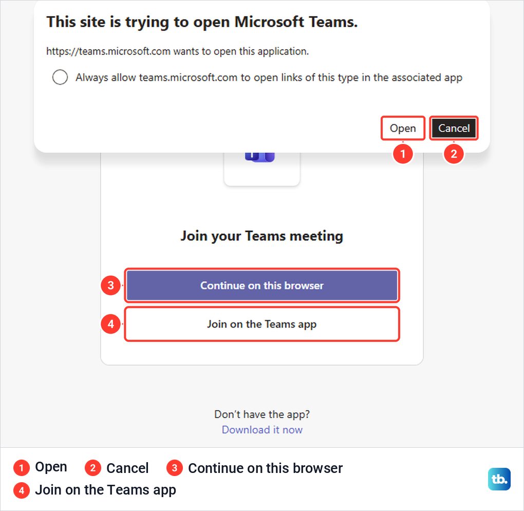 Microsoft Edge prompt to open Microsoft Teams over the Continue on this browser and Join on the Teams app choices.