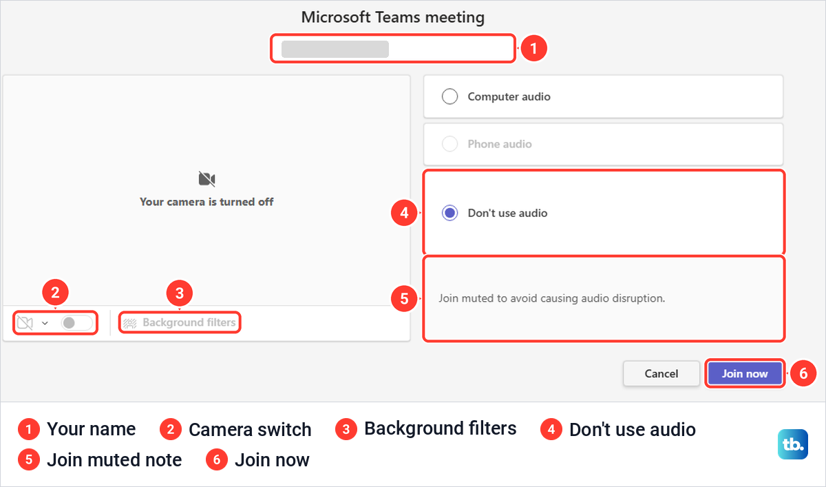 Teams browser guest join screen with a name box, Background filters and Don't use audio selected.