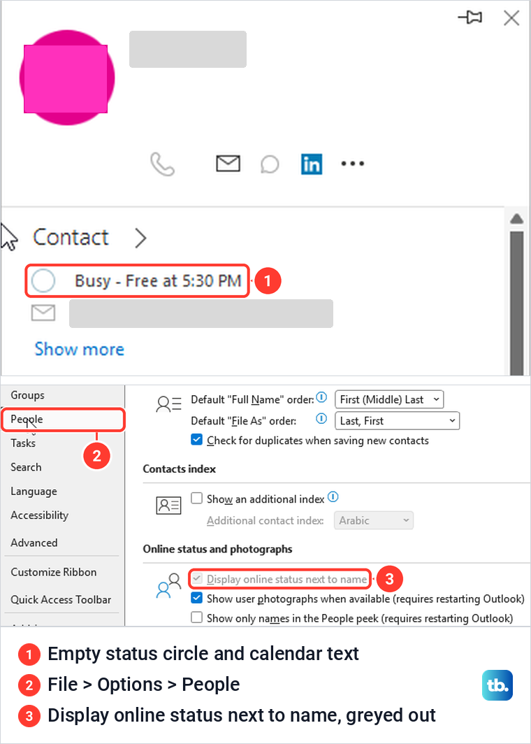 Classic Outlook contact card with an empty status circle and the People options page.