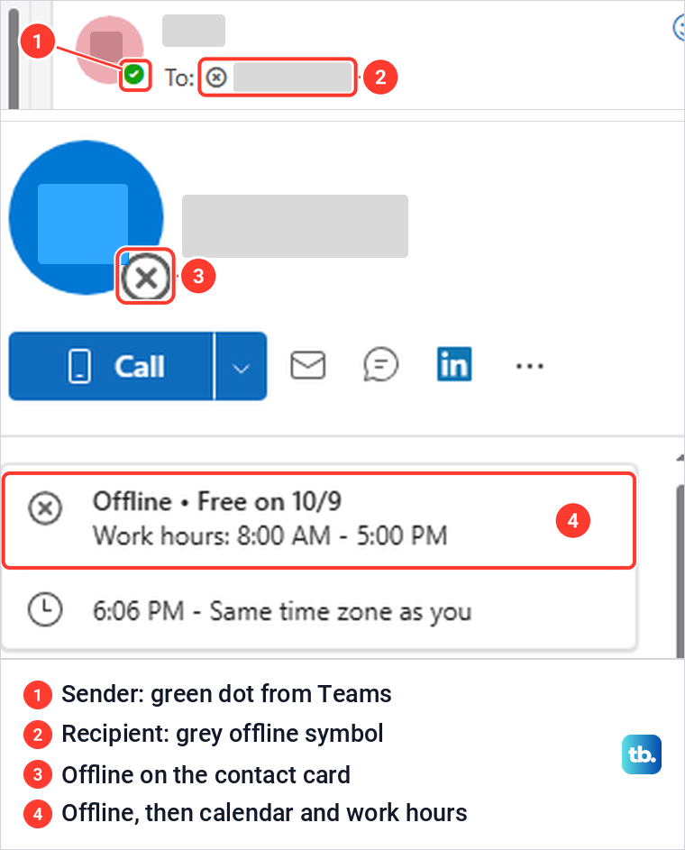 Outlook on the web message showing a green Teams dot for the sender and an offline contact card.