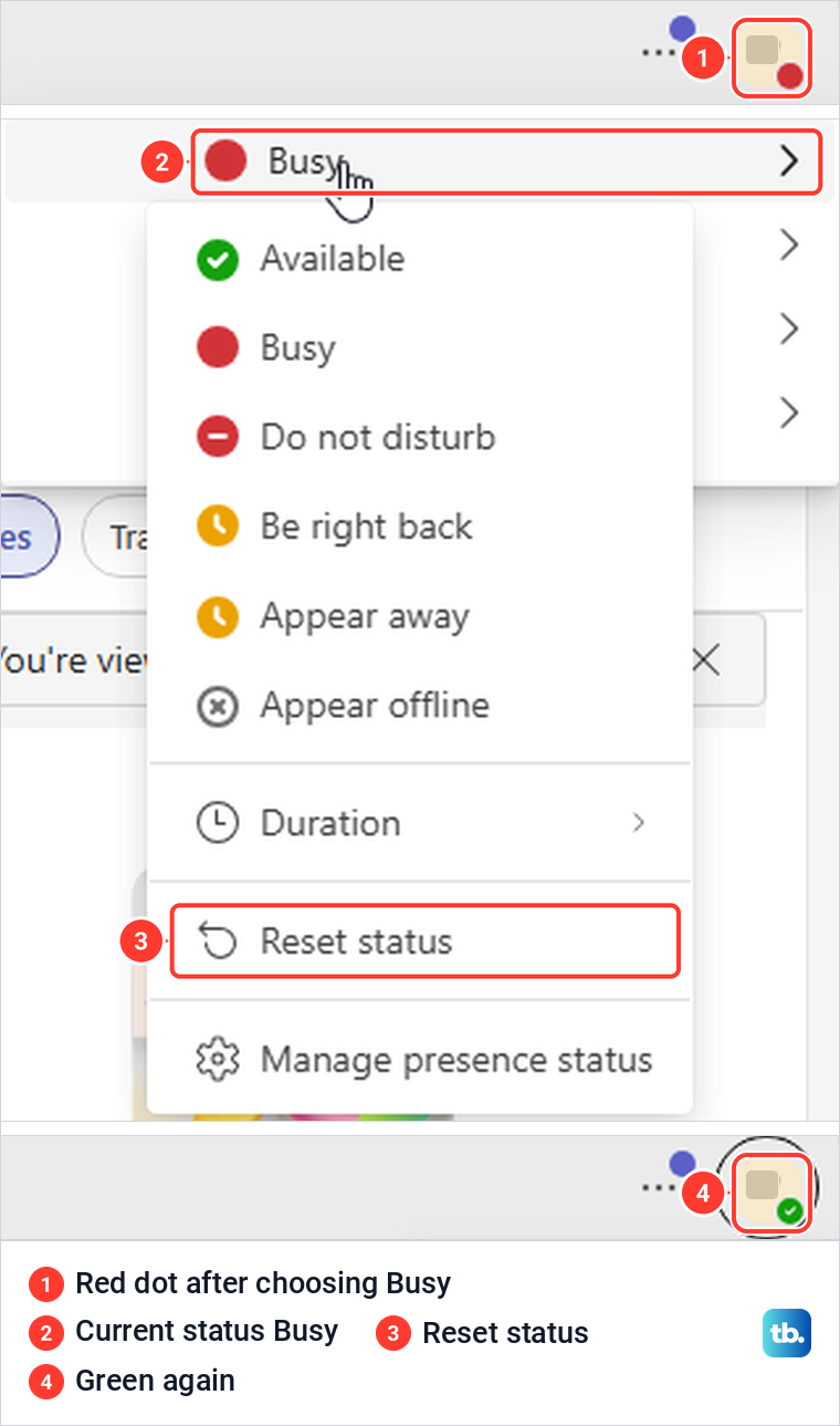 Teams for the web profile with a red Busy dot, the Reset status option and the green dot after reset.