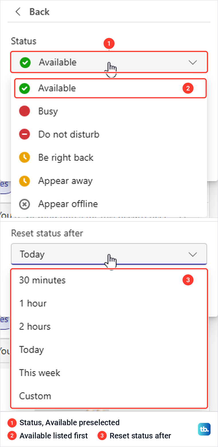 Teams for the web Duration panel listing Available first and the Reset status after choices.