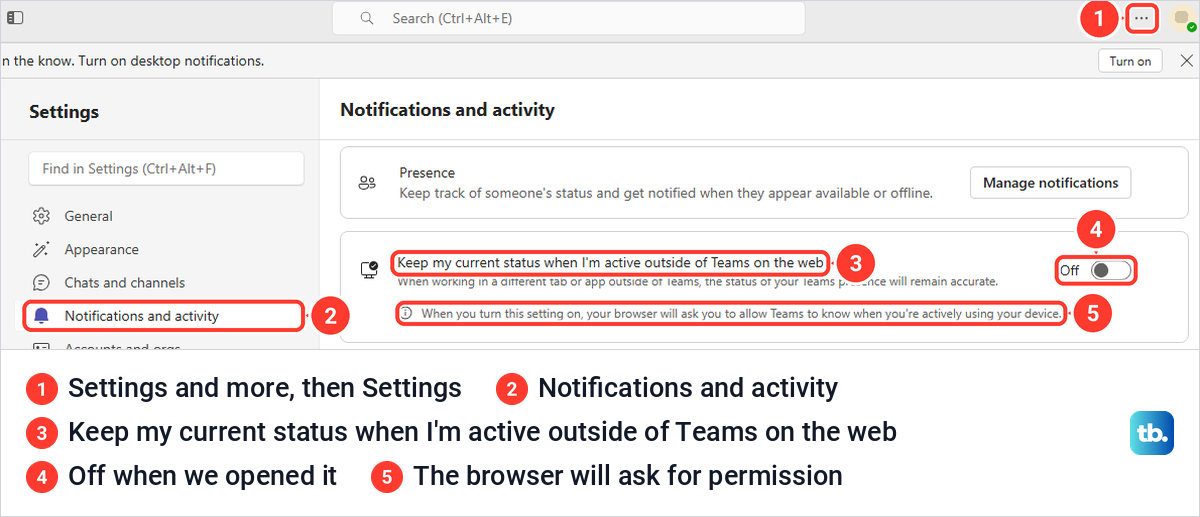 Teams for the web Notifications and activity settings showing the Keep my current status switch turned off.
